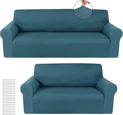 Peryiter 2 Pcs Couch and Loveseat Sofa Covers,Peacock Blue,Milk Silk | Armchair Covers for Living Room, Sofa Cushion Slipcover 2/3 Seater, Furniture Protector, Polyester and Spandex, Washable