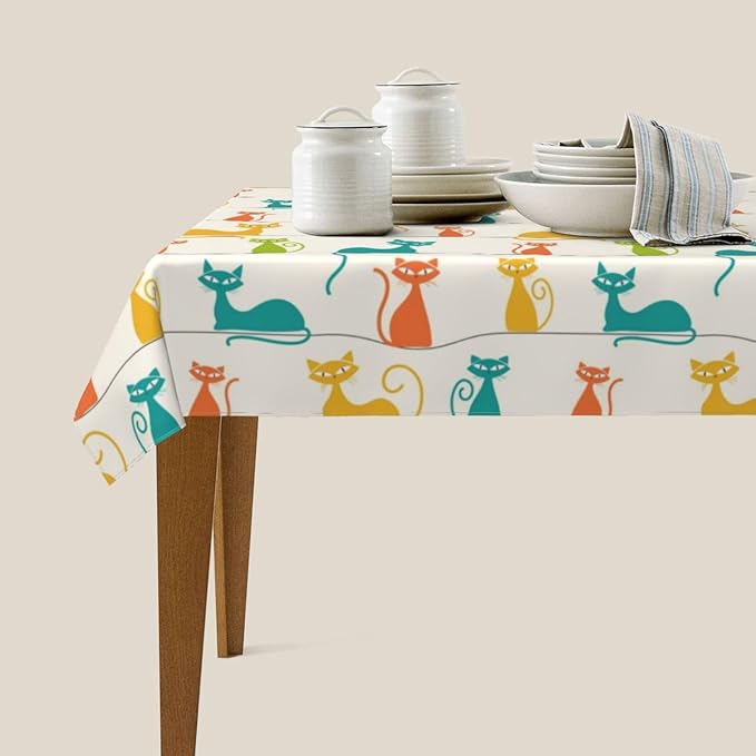 Mid Century Modern Cats Table Cloth, Cute Tablecloth Waterproof, Kitchen Dining Room Decorative Table Cover for Party Decorations Outdoor and Indoor, Rectangular 54x72 Inch