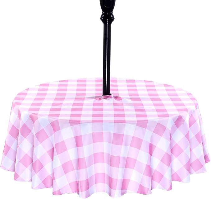 Poise3EHome Round Outdoor Tablecloth with Umbrella Hole and Zipper,Pink and White Gingham 60 Inch,SpillProof Washable Table Cloth for Spring Summer Patio Garden Poolside Picnic Camping BBQS