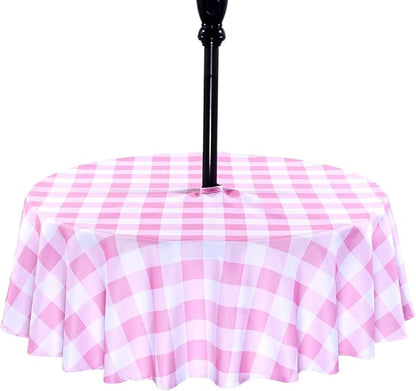 Poise3EHome Round Outdoor Tablecloth with Umbrella Hole and Zipper,Pink and White Gingham 60 Inch,SpillProof Washable Table Cloth for Spring Summer Patio Garden Poolside Picnic Camping BBQS
