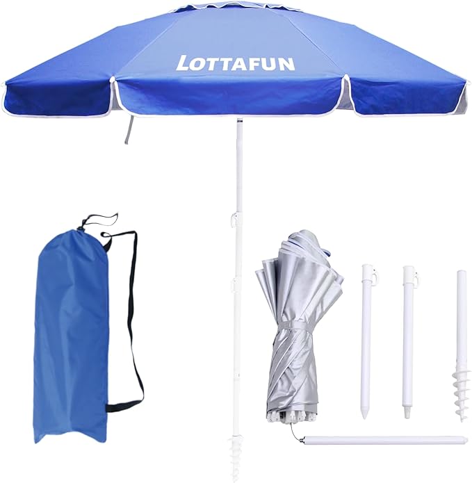 LOTTAFUN 6ft Beach Umbrella - Heavy Duty Wind Resistant UV 50+ Portable Sun Shade with Sand Anchor & Carry Bag, Outdoor Folding Umbrella for Beach, Pool, Patio, Garden (Dark Blue) No Tilt The sand needs to exceed the spiral 6inch
