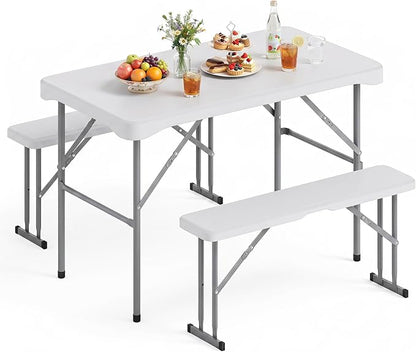 GIANTEX Folding Picnic Table Set w/ 2 Benches, 44" HDPE, White | Foldable Table & Chairs, All Weather Resistant, Space-Saving & Portable for Camping Party Dining BBQ, Large Weight Capacity