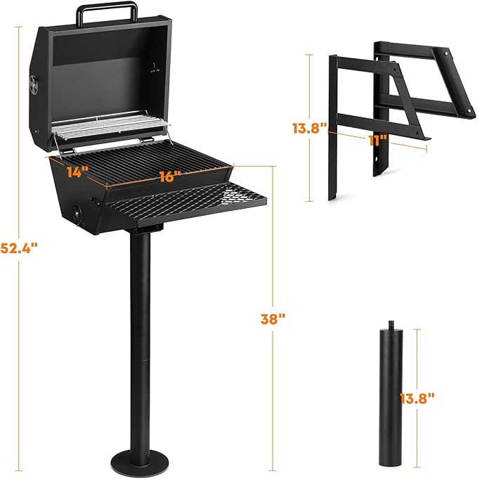 Stanbroil Park Style Charcoal Grill with Cover, Portable Park BBQ Grill Heavy Duty Porcelain Steel Cooking Grate, Folding Front Table, Stand Post for Backyard, RV Cooking, Camping, Tailgating