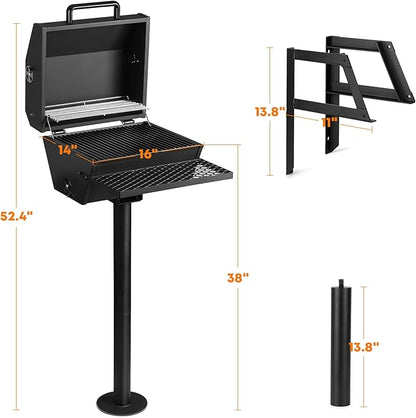 Stanbroil Park Style Charcoal Grill with Cover, Portable Park BBQ Grill Heavy Duty Porcelain Steel Cooking Grate, Folding Front Table, Stand Post for Backyard, RV Cooking, Camping, Tailgating