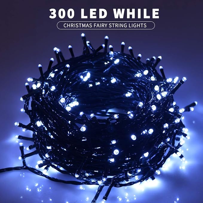 MZD8391 105FT 300LED Christmas Light, Waterproof Christmas Tree Light White | 100% UL List, 8 Light Mode,Timer & Memory, End To End Connect, Christmas String Light Oudoor Indoor, Christmas Fairy Light