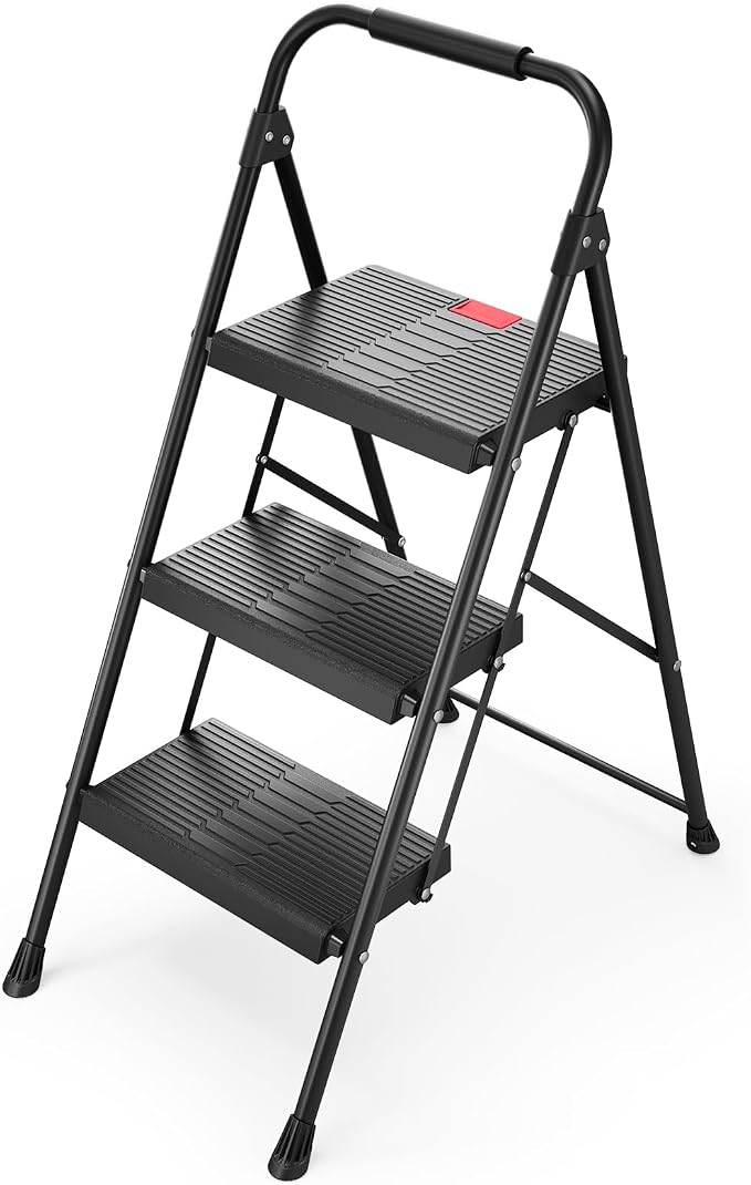 TOOLF 3 Step Ladder, Folding Steel Step Ladder with Handrail, Black | 500 lb Capacity, Wide Anti-Slip Pedals, Steel Frame, Safety Handrail, Foldable, Indoor & Outdoor Use
