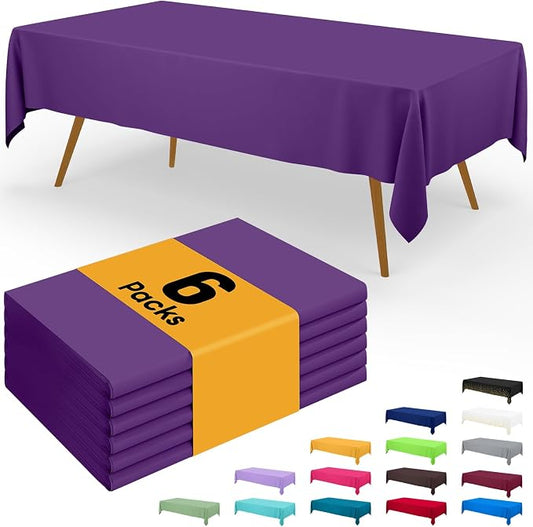 Smiry Disposable Table Cloth - 6 Pack, 54 x 108 Inch Waterproof Rectangle Tablecloths for Parties, Decorative Plastic Table Cover, Leakproof & Sturdy, Purple