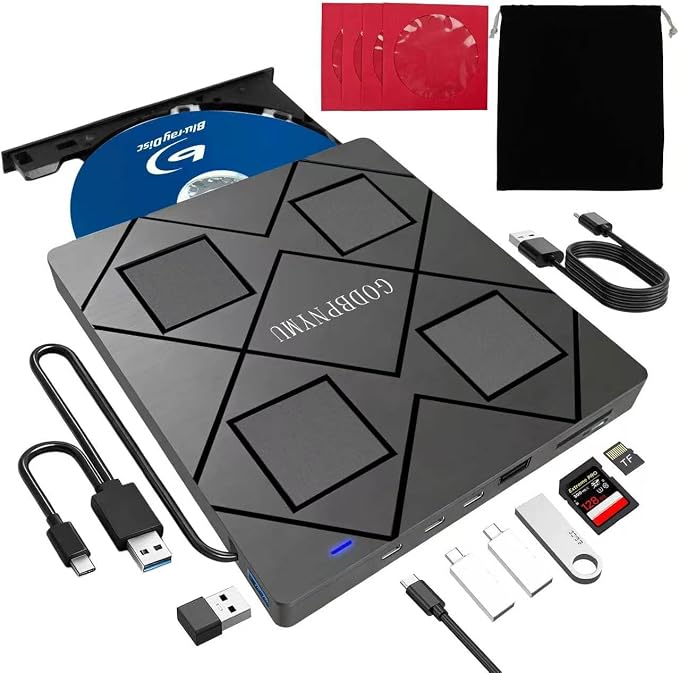 8-in-1 External Blu-ray Drive, USB-C Hub & Card Reader for Laptop | Win11/10/8/7/Mac OS.compatible · 2 USB + USB-C ports,TF/SD Card Reader, · 1+4 storage bags included