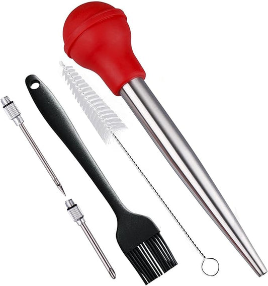 Turkey Baster Set, 18/8 Stainless Steel Turkey Baster Syringe for Cooking, Meat Injector Baster Set&2 Needles&2 Cleaning Basting Brush, Baster for Flavor Meat Poultry, Beef&Chicken Ect Red
