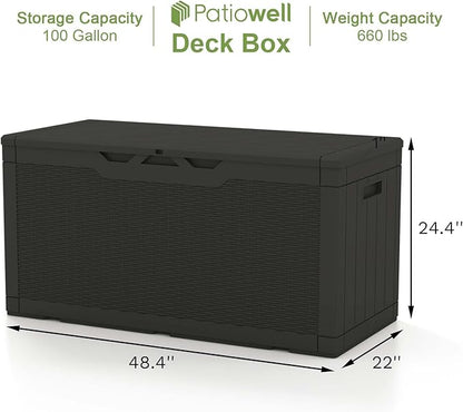 Patiowell 100 Gallon Resin Deck Box, Waterproof Large Outdoor Storage Box for Patio Furniture and Garden Tools, Black