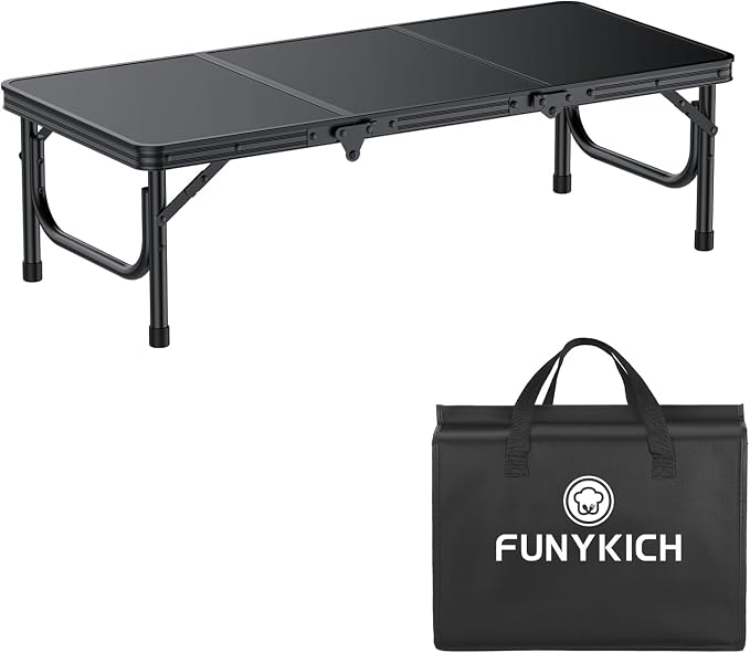 FUNYKICH 3ft Low Folding Camping Table with Carry Bag, 34.2'' Lx15.7'' W Portable Picnic Tables, Lightweight Thicker Aluminum Beach Table with Carry Handle for Beach, Camping, Picnic, Black