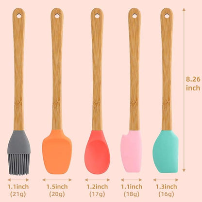 5 Piece Silicone Spatula,Mini Rubber Spatula Wooden Handle,Heat Resistant Silicone Spatula Set,Kitchen Utensils Non-Stick For Baking,Cooking And Mixing