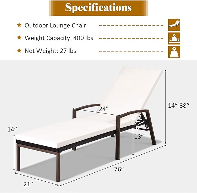 COSTWAY 2PCS Rattan Lounge Chair Outdoor, Patio Wicker Chaise Lounge with 5-Position Adjustable Backrest, Soft Cushion & Arm Rest, Pool Recliner Set of 2 for Poolside, Deck, Backyard (White)