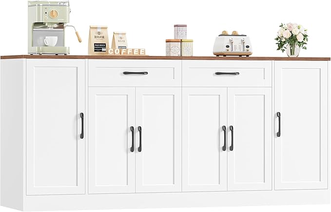 71” Large Buffet Cabinet, Sideboard with Adjustable Shelves | 6 Soft-Close Doors, Sideboard Wood Coffee Bar Console Table for Kitchen, Dining Room (White)