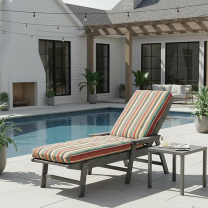 Modern Outdoor Chaise Lounge Cushion with Ties – Durable Polyester Fabric, Channel-Filled Polyfiber Insert, Removable Zippered Cover, Sunset Stripe