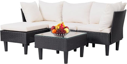 5 Pieces Patio Furniture Sets Outdoor Sectional Sofa Rattan Chair Wicker Conversation Set for Outdoor Backyard Porch Poolside Balcony Garden Furniture with Coffee Table,Khaki Cushion