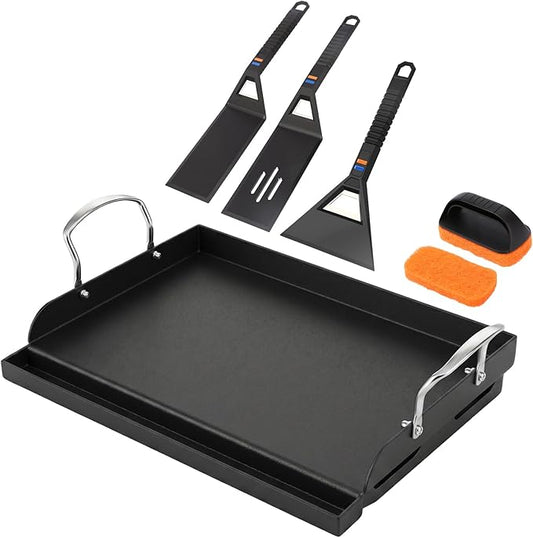 Utheer Griddle Kit, 17" x 13" Pre-Seasoned Cast Iron Flat Top Griddle with Scratch-Free Tools, Universal Grill Griddle for Gas & Charcoal Grills, Camping, Tailgating and BBQ