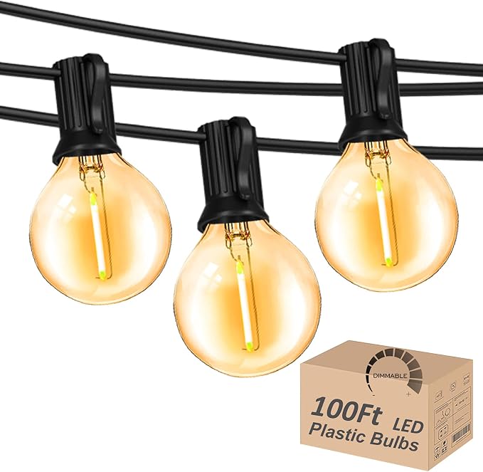 Outdoor String Lights 100FT Wateproof Outside Patio Lighting for Backyard | 52 Plastic Dimmable G40 Globe Bulbs,100FT Connectable Outdoor Lights for Porch Bistro Garden Gazebo Balcony Yard Cafe Wedding