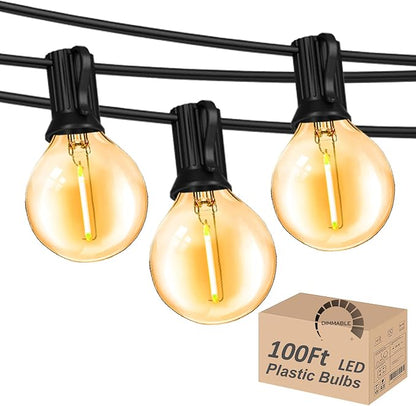 Outdoor String Lights 100FT Wateproof Outside Patio Lighting for Backyard | 52 Plastic Dimmable G40 Globe Bulbs,100FT Connectable Outdoor Lights for Porch Bistro Garden Gazebo Balcony Yard Cafe Wedding