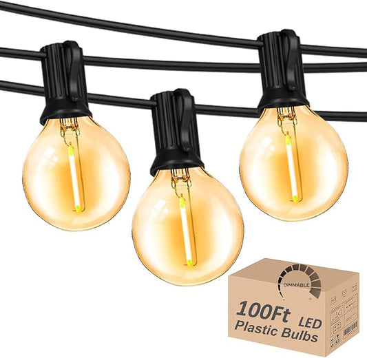 Outdoor String Lights 100FT Wateproof Outside Patio Lighting for Backyard | 52 Plastic Dimmable G40 Globe Bulbs,100FT Connectable Outdoor Lights for Porch Bistro Garden Gazebo Balcony Yard Cafe Wedding