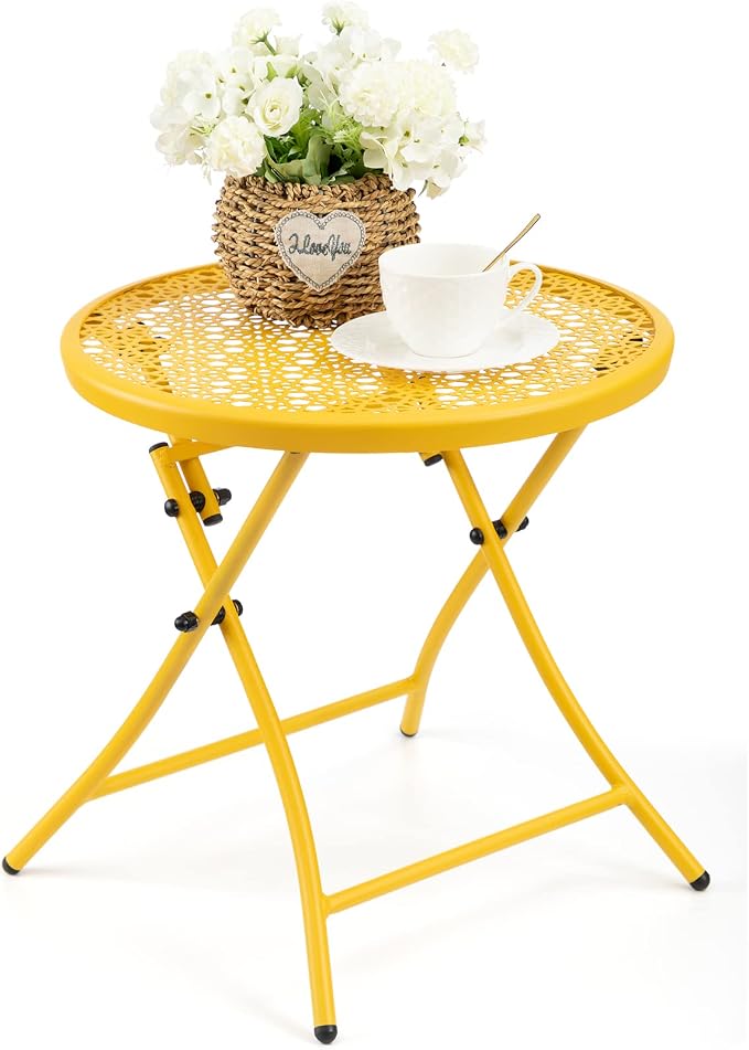 TeoKJ Folding Outdoor Side Table, Small Patio Table with Flower Cutouts | Metal Round Anti Rust Patio Desk, No Assembly Small Nightstand for Yard, Balcony, Lawn, Pool, Lightweight, Yellow