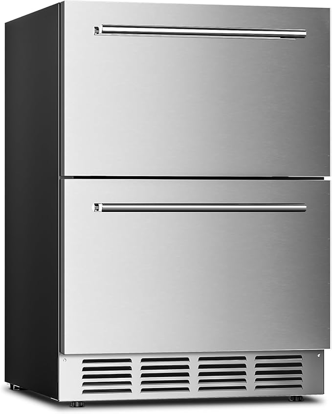 Electactic Under Counter Refrigerator, 24 Inch Double Drawer Beverage Fridge, Built-in Outdoor Beverage Cooler for Soda Drink & Beer, 145 Cans for Kitchen & Commercial, Stainless steel