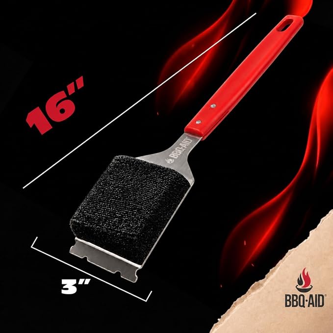 Bristle Free Grill Brush Cleaner and Scraper for Barbecue, Replaceable Head | Safe Bristle-Free Stainless Steel Scrub Pad with Heavy-Duty Scraper & Long Red Handle, Safe on Any Grill Grate