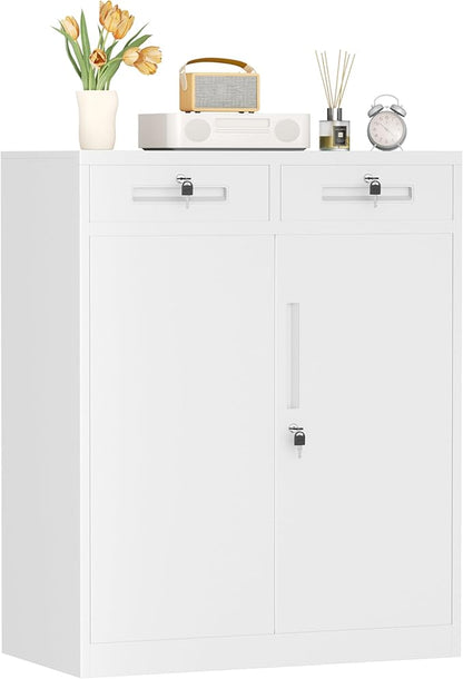 INTERGREAT Metal Garage Storage Cabinet, 36" Locking Counter Cabinet with 2 Locking Doors and 2 Adjustable Shelves, Small Steel Cabinet for for Home Office, Gym, School(White)