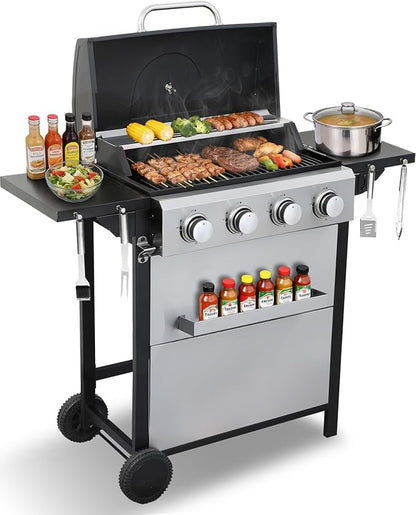 4 Burner Gas Grill with Foldable Shelves, 40,000 BTU Stainless Steel Propane BBQ Grill, 387 Sq. In. Cooking Space, Portable Outdoor Grill for Patio, Backyard, Camping & Tailgating