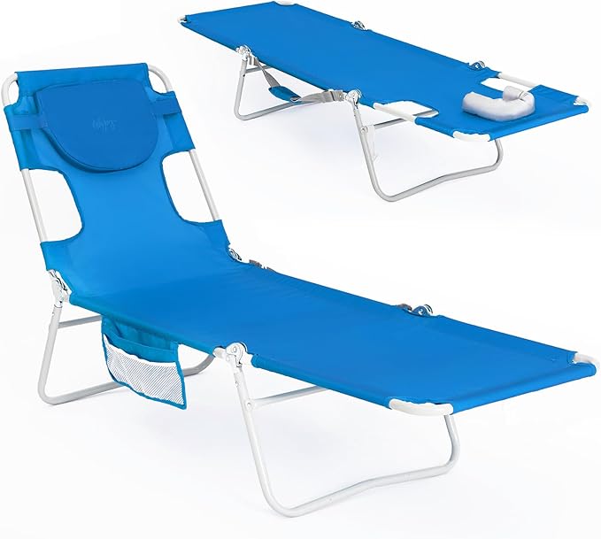 #WEJOY Folding Tanning Chair with Face Hole, 5-Position Face Down Beach Lounge Chair for Sunbathing, Lightweight Portable Outside Recliner with Side Pocket & Shoulder Straps for Pool, Patio, Blue