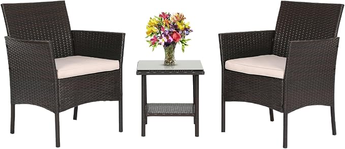 FDW Patio Bistro Conversation Set Wicker Furniture 2 Rattan Chairs Cushions and Glass Coffee Table for Porch Lawn Garden Balcony Backyard, 3 Pieces, Brown and Khaki