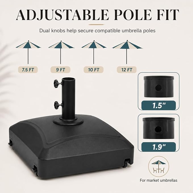 125 Lbs Fillable Mobile Umbrella Base, Heavy Duty Square Stand Built with 4 Rolling Wheels, Stable Outdoor Holder for Patio Deck Lawn and Poolside Market Parasols, Black