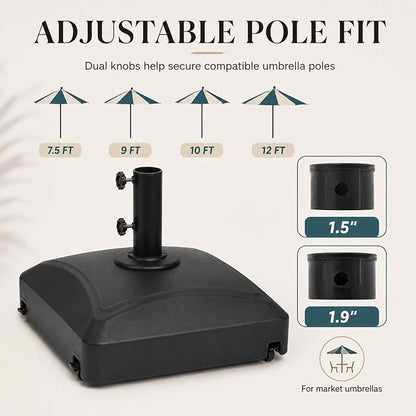 125 Lbs Fillable Mobile Umbrella Base, Heavy Duty Square Stand Built with 4 Rolling Wheels, Stable Outdoor Holder for Patio Deck Lawn and Poolside Market Parasols, Black