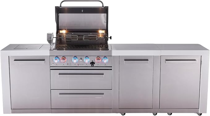 Mont Alpi Premium 107"W x 23"D Deluxe Stainless Steel Modular Outdoor Kitchen Island with Infrared Side Burner + 32"W 4-Burner BBQ Gas Grill + White Granite Countertops + Storage Cabinets + Cover