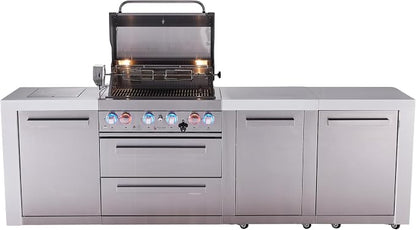 Mont Alpi Premium 107"W x 23"D Deluxe Stainless Steel Modular Outdoor Kitchen Island with Infrared Side Burner + 32"W 4-Burner BBQ Gas Grill + White Granite Countertops + Storage Cabinets + Cover