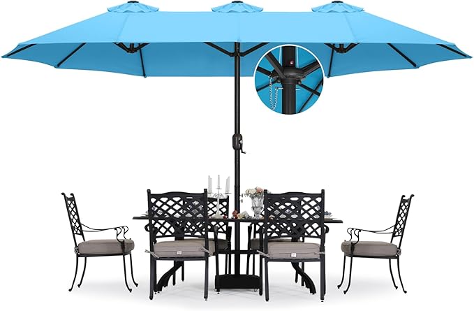 ABCCANOPY 15FT Double-Sided Rectangle Patio Umbrella with Base, Turquoise | Rectangular Outdoor Table Umbrella with Crank, Heavy Duty Market Umbrella Shade for Garden,Poolside, Lawn, Backyard