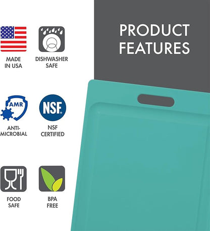 Dexas NSF Certified Polysafe Cutting Board with Handle and Juice Well, 12 x 18 inches, Reversible Kitchen Cutting Board, Teal Green