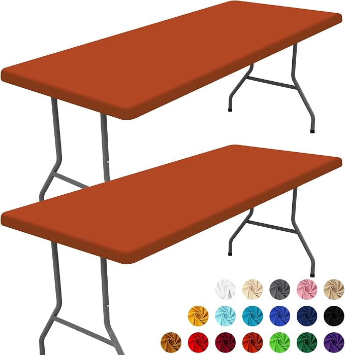 Moosfor 2 Pack Rectangle Spandex Fitted Table Cloth, 6FT Elastic Tablecloth | Washable Picnic Table Cover, Stretch Waterproof Table cloths for Party, Patio, Dining, Kitchen, 30" x 72", Rust