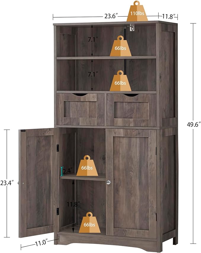 Iwell Tall Storage Cabinet with 2 Drawers & Adjustable Shelf, Bathroom Cabinet with Doors, Kitchen Pantry Storage Cabinets, Cupboard for Living Room, Dining Room, Entryway, Rustic Gray