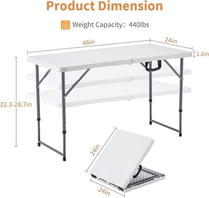 BOOSDEN 4 Foot Folding Table, Portable Rectangle Card Table, Indoor Outdoor Plastic Fold-in-Half Utility Table with Carrying Handle, Adjustable Height Foldable Tables for Picnic,Party,Camping,Office