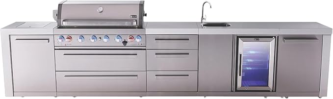 Mont Alpi Deluxe 157"W x 23"D x 46"H Stainless Steel Outdoor Kitchen Island with Refrigerator + Faucet & Sink Combo + 44"W 6-Burner BBQ Grill + Granite Countertops + Storage Drawers + Cabinets + Cover