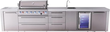 Mont Alpi Deluxe 157"W x 23"D x 46"H Stainless Steel Outdoor Kitchen Island with Refrigerator + Faucet & Sink Combo + 44"W 6-Burner BBQ Grill + Granite Countertops + Storage Drawers + Cabinets + Cover