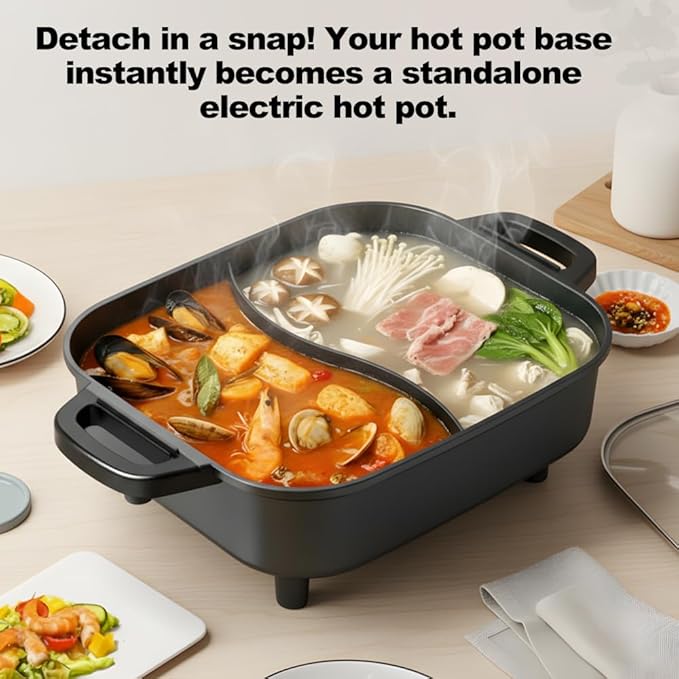 2250W Electric Grill and Hot Pot Combo, 29 x 9.5 Inch Smokeless Indoor BBQ Grill with Easy to Clean, Dual Zone Temperature Control, Includes Food Tongs, Oil Brush, Soup Spoon, Strainer Black