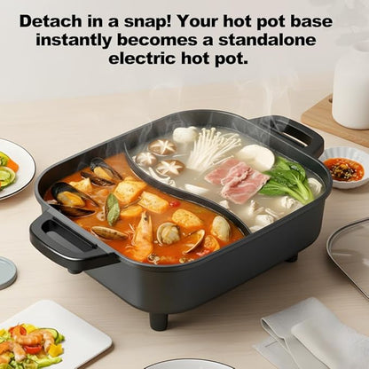 2250W Electric Grill and Hot Pot Combo, 29 x 9.5 Inch Smokeless Indoor BBQ Grill with Easy to Clean, Dual Zone Temperature Control, Includes Food Tongs, Oil Brush, Soup Spoon, Strainer Black