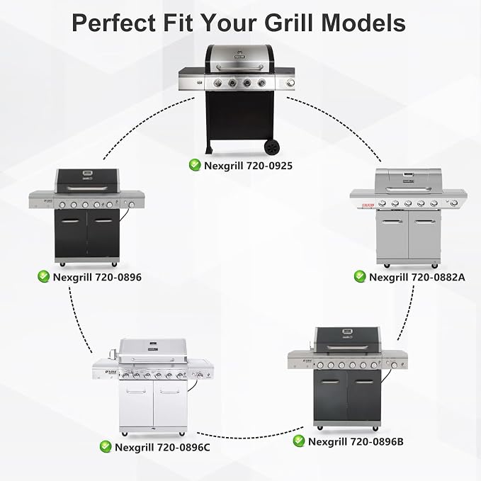 Grill Parts for Nexgrill Replacement Parts 6 Burner 720-0896B, 720-0925, 720-0896C, 5 Burner 720-0882A, 720-0896, 4 Burner 720-0925P. Grill Heat Plate Shields, Burner Tubes, Carryover Tubes, Ignitors.