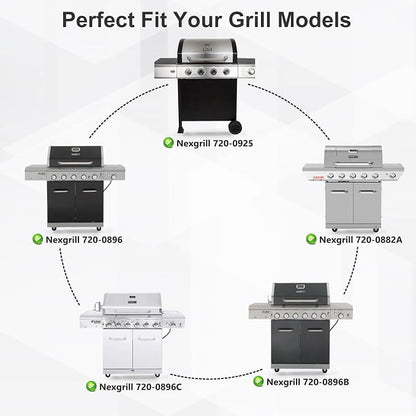 Grill Parts for Nexgrill Replacement Parts 6 Burner 720-0896B, 720-0925, 720-0896C, 5 Burner 720-0882A, 720-0896, 4 Burner 720-0925P. Grill Heat Plate Shields, Burner Tubes, Carryover Tubes, Ignitors.