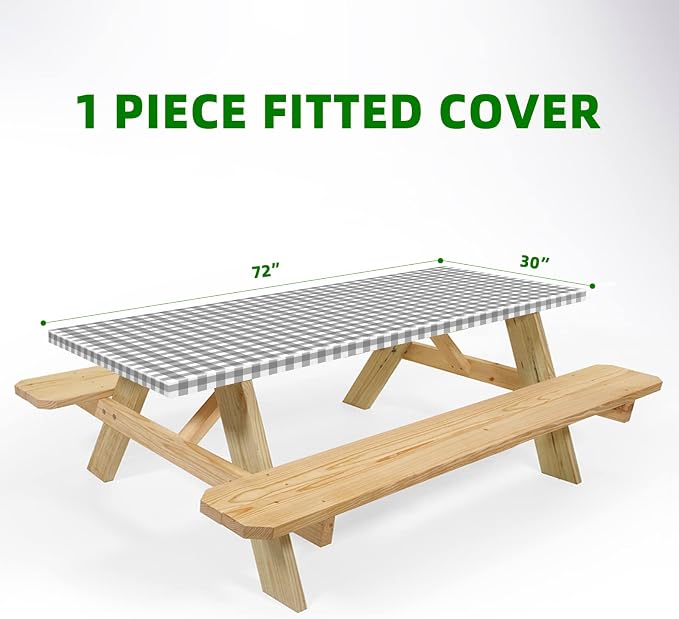 UMINEUX Fitted Rectangle Tablecloth for 6 ft - Plastic Vinyl Flannel Backed with Elastic Edged, Waterproof & Wipeable Table Cover for Indoor Patio Use (30x72 Inch, 1-Pieces, GreyPlaid)