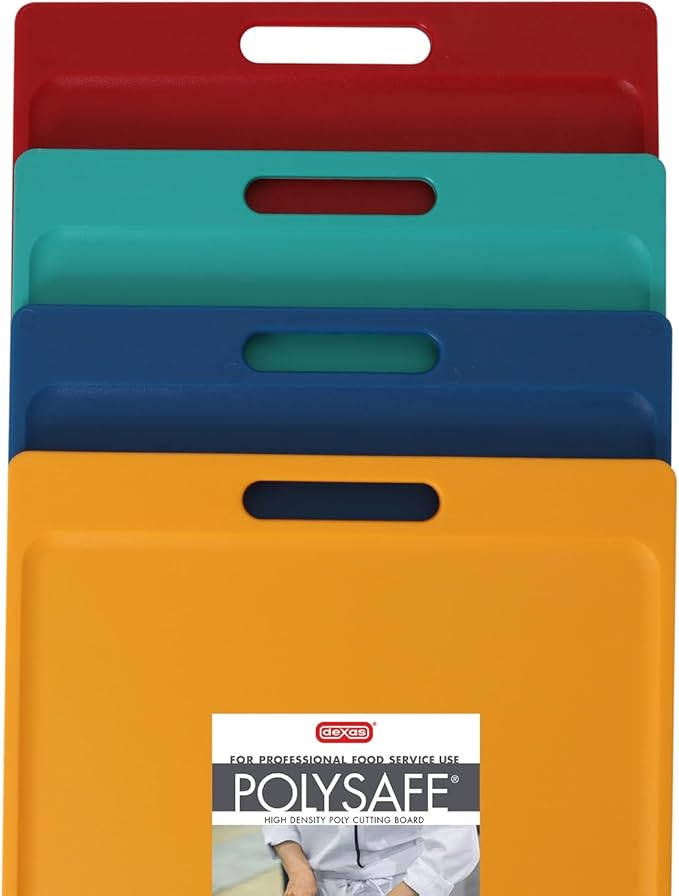Dexas 4-Pack NSF Certified Polysafe Cutting Boards with Handle, 11 x 14.5 Inches, Reversible Kitchen Cutting Board, Assorted Colors