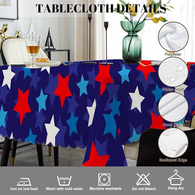 Swono 52x70 Inch Stars Tablecloth Patriotic American Flag Stars Confetti Farmhouse Dining Table Cloth Anti-Stain Talking Table Cover for Kitchen Dinning Room Coffee Store, Blue Red