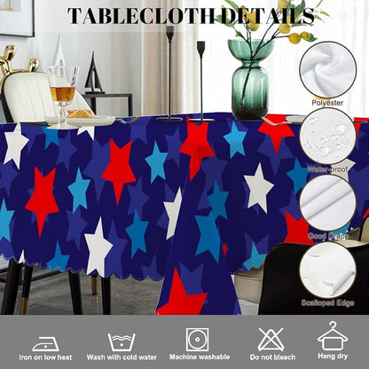 Swono 52x70 Inch Stars Tablecloth Patriotic American Flag Stars Confetti Farmhouse Dining Table Cloth Anti-Stain Talking Table Cover for Kitchen Dinning Room Coffee Store, Blue Red